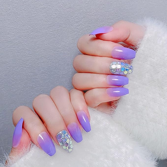Short Coffin Press-On Nails, 24pcs Plastic Sliver Glitter Sequins Designs, Purple Gradient, Glossy, Full Cover, Quick On, 24 Fl Oz (Pack of 1)