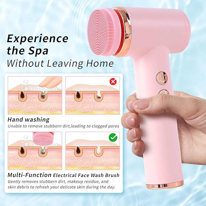 4 in 1 Facial Cleansing Brush, Multi Function Electrical Face Wash, Brush IPX6 Waterproof Portable Face Scrubber, 5 Speed Adjustable, 2 Rotation Directions Adjustable, Gift for Women Men (Pink)