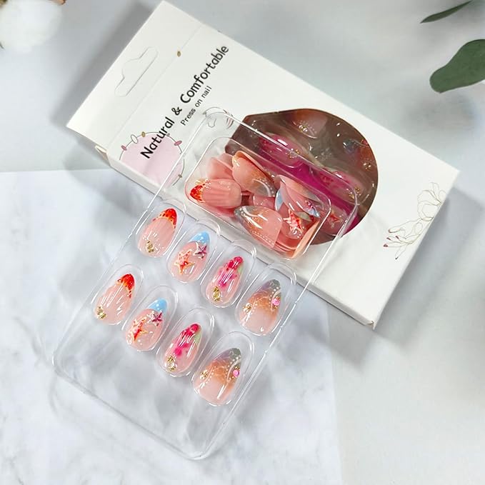 30Pcs Summer Press on Nails French Tip Medium Almond Fake Nails with 3D Starfish Designs Summer Beach False Nails Rhinestone Glue on Nail Handmade Full Cover Acrylic Nails for Women