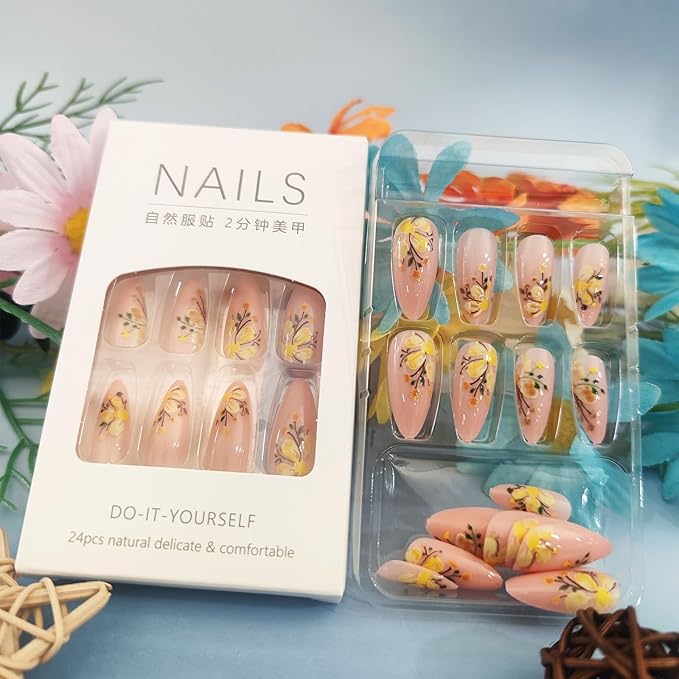 Green Leaves Gel Glue on Acrylic Fake Nails Flower Press on Nails 24Pcs Wild Flowers Press ons Fingernails Glossy Yellow Medium Almond False Nail Oil Painting Stick on Nail for Holiday Manicure Art
