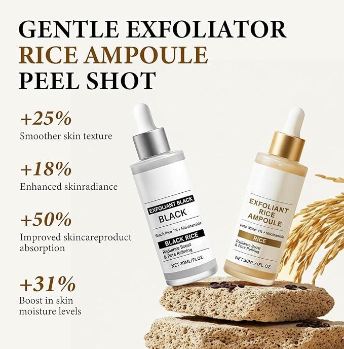 Black and White Rice Peeling Ampoule Duo, Soft Exfoliating Face & Body, Peel Shot Glow Scrub, Remove Dead Skin Cells, Blackheads and Pore Minimizing Serum, Hydrating Formula Serum for All Skin Types