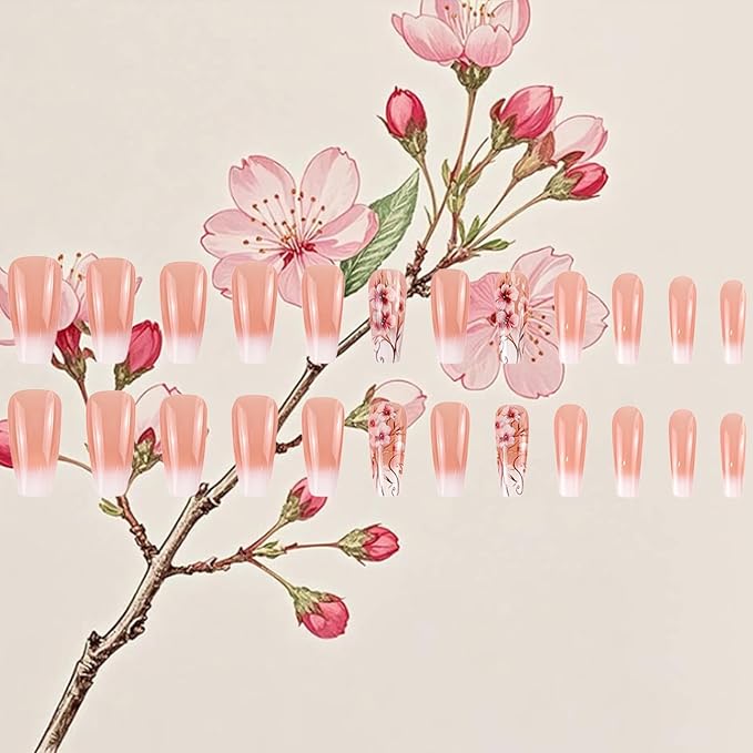 24Pcs Flower Press on Nails White Gradient Acrylic Full Cover Fake Nails Plum Blossom Gel Glue on Fingernails Glossy Pink Ombre Medium Coffin False Nail Curve Stick on Nail for Holiday Manicure Art