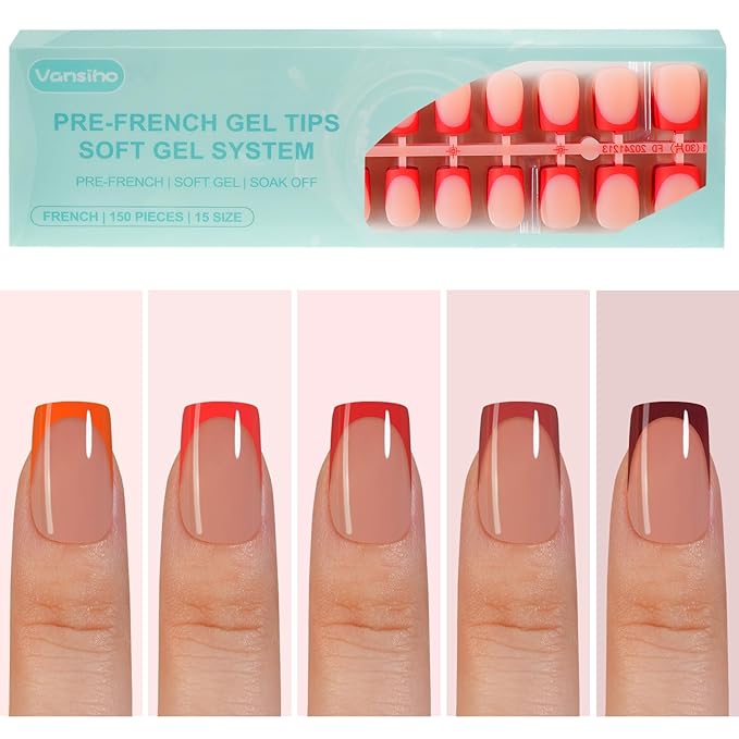 150Pcs French Gel Nail Tips, Vansiho Short Square Nail Tips, Red Pre-French Tips Press on Nails, Soak Off Soft Gel Acrylic Fake Nails for Nail Art DIY 15 Sizes