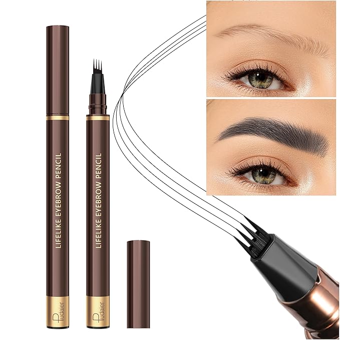 2 Pack 4-Tip Microblading Eyebrow Pen with 2 Brow Brushes, Waterproof Vegan Formula Eyebrow Pencils for Women to Effortlessly Create Natural Hair-Like Strokes, All-Day Wear (Black)