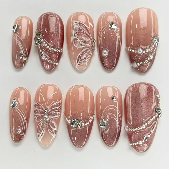30pcs Summer Press on Nails Medium Almond Fake Nails with 3D Butterfly Pearl Rhinestones Designs Glitter Stick on Nails Kit Line False Nails Full Cover Glue on Nails for Women Nail Decoration