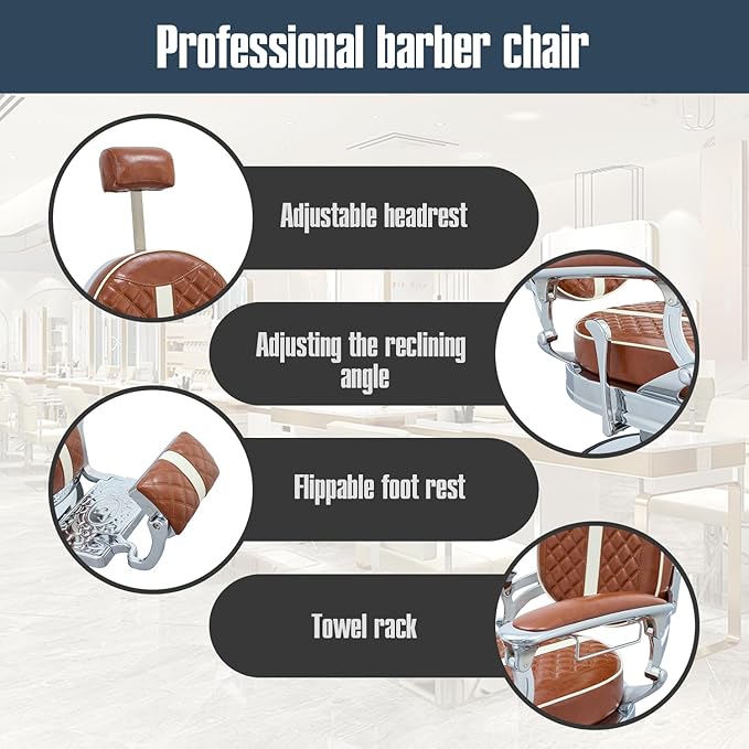 FRNIMAC Heavy Duty Barber Chair, All Purpose Vintage Style Mens Barber Chair Hydraulic Recline Salon Chair Barbershop Equipment for Beauty Spa Tatoo Massage, Weight Capacity 700lbs (Brown-Chrome)