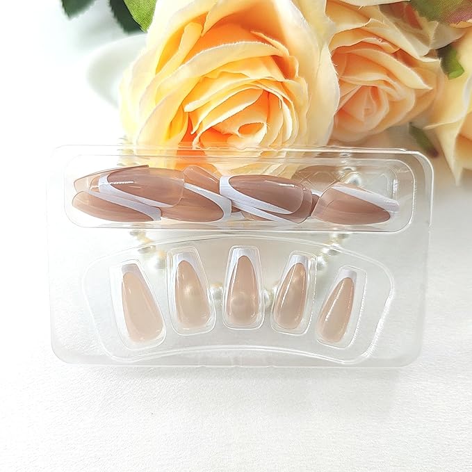 Coffin Press on Nails Medium White French Tip Acrylic Nails Press ons Nude Transparent Glue on Nails with Glossy Design Fake Nails Cute Artificial False Nails Girls and Women 24Pcs