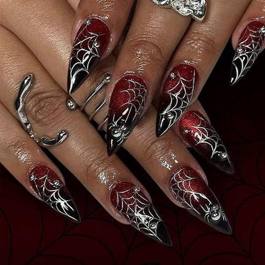 24Pcs Halloween Press on Nails Medium Almond Pointed Goth Fake Nails with Spider Web Rhinestones Design Halloween False Nails Black Red Gradient Acrylic Glue on Nails Reusable Nails Kit for Women DIY
