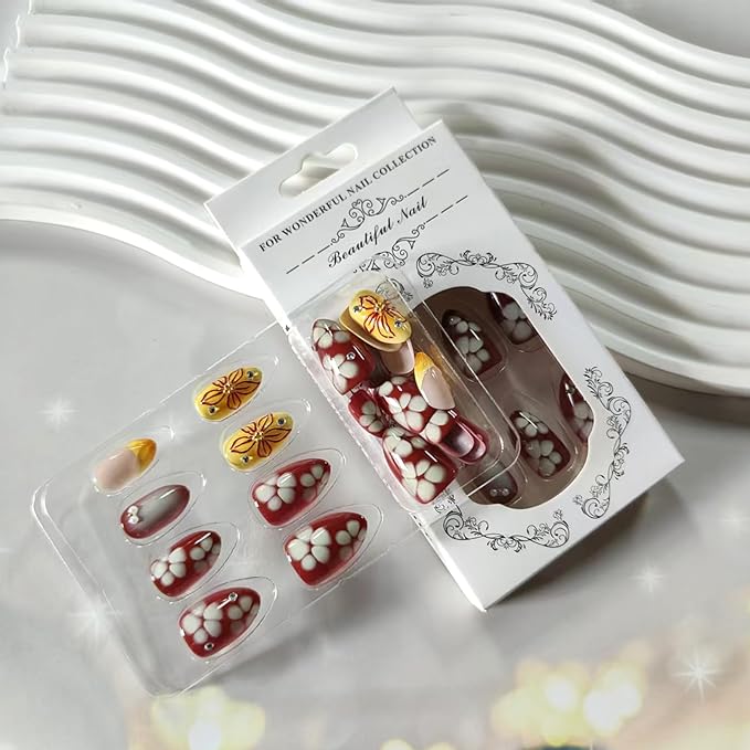 Fall Flower Press on Nails Short Almond Fake Nails with 3D French Tips Design Glossy Red Gradient Acrylic False Nails Pearl Stick on Fingernails Rhinestones Gel Glue on Nail for Women 24Pcs