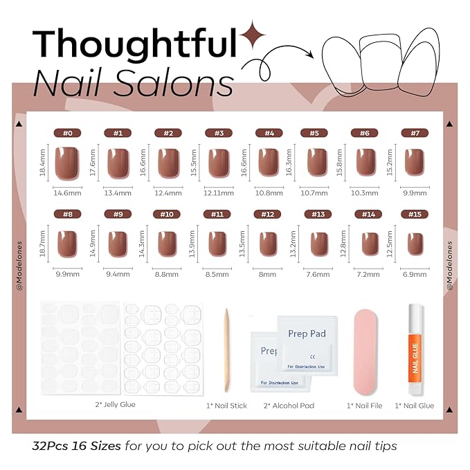 Modelones Brown Press on Nails, Christmas Short Square Fake Nails, Chrome Reusable Nail Kit with Nail Glue Adhesive Tabs Mini Nail File, Nails Press Ons 32Pcs 16Sizes