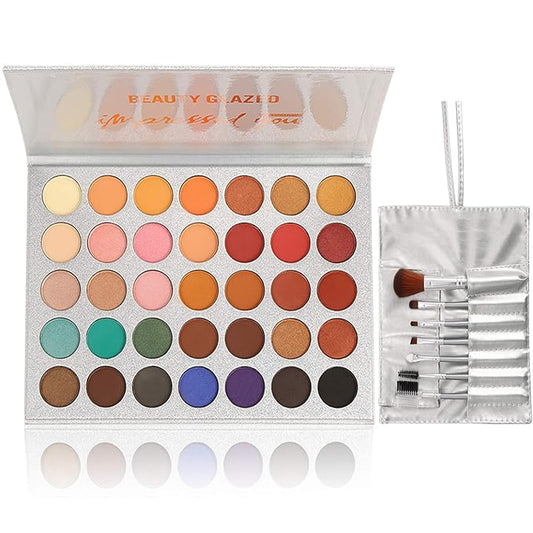 35 Colors Eyeshadow Palette with 7Pcs Makeup Brushes Set, All in One Makeup Kit Matte Shimmer Pigmented Eye Shadow Pallete Waterproof Powder Natural Nude Naked Smokey