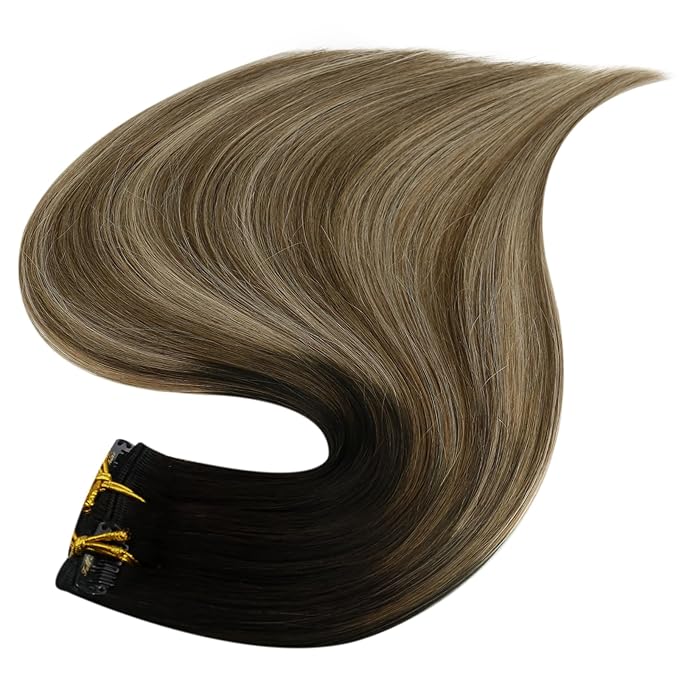 Full Shine Clip in Hair Extensions Real Human Hair Black Ombre Natural Black to Light Brown Mix Honey Blonde Human Hair Extensions Clip ins Balayage 120 G 7 Pcs 22 Inch