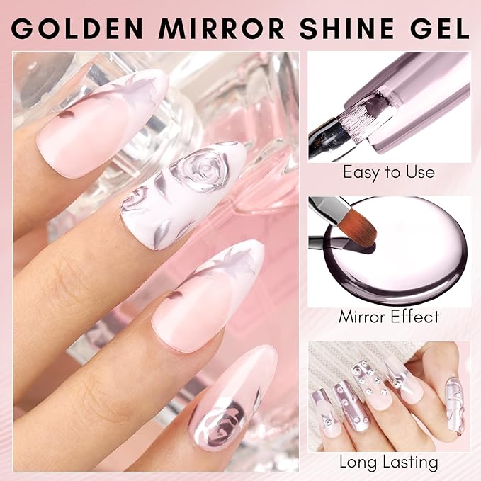Makartt Chrome Gel Nail Polish: Metallic Gel Nail Polish, 8ml Rose Gold 3D Metal Painting Gel for Nail Art Soak off UV/LED Glossy Mirror Effect Nail Glue Gel for Home Salon DIY Manicure