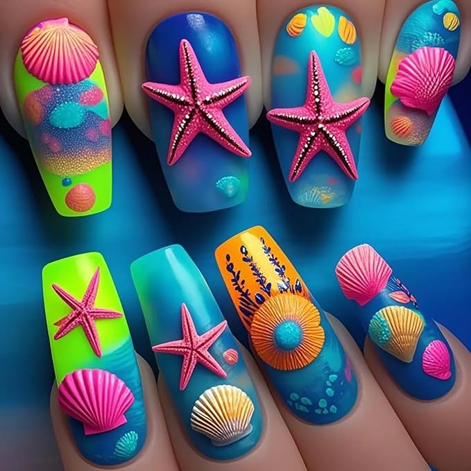 Shell Starfish Press on Nails Long Colorful Shell Pattern Design Ocean Acrylic False Nail Ballet Artificial Stick on Nail Full Cover Glossy Blue Gradient Artificial Fingernail Glue on Nails for Women
