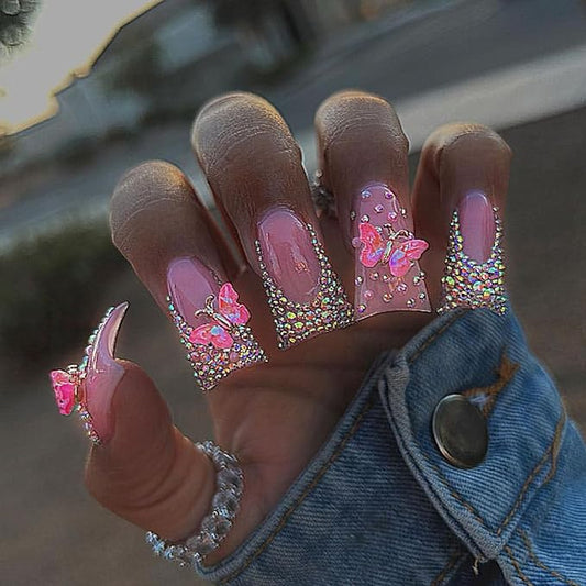 Duck Press on Nails Medium Fake Nails with Butterfly Rhinestones Designs French Tip Nails Press ons Glossy Glue on Nails Pink Acrylic Nails Artificial Stick on Nails for Women 24Pcs