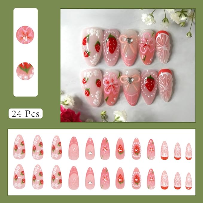 24Pcs Strawberry Press on Nails Medium Almond Fake Nails with 3D Pearl Designs Pink French Tip Acrylic Nail Cute Flower Bow False Nail Summer Glue on Nails for Women DIY Manicure