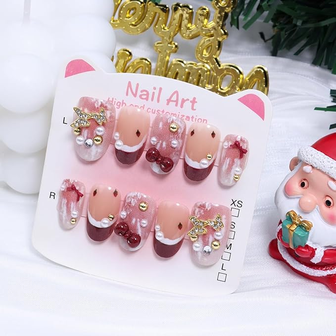 10Pcs Red French Tip Press on Nails Short Christmas Fake Nails 3D Gold Butterfly Gems Cute Acrylic Nail Pearl Bow Rhinestones Design Winter False Nail Handmade Glue on Nails for Christmas Manicure