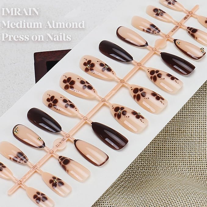 IMRAIN Medium Press on Nails Almond Fake Nails Brown French Tip False Nails with Flower Design Glue on Nails Full Cover Stick on Nails Artificial Acrylic Nails for Women Manicure 24Pcs