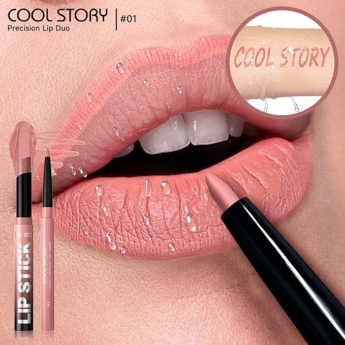 COOL STORY 2 Piece Lip Liner and Lipstick Set, Long Lasting Formula, Professional Makeup Kit (01)