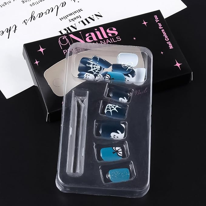 24Pcs Blue Glitter Press on Nails Short Square Halloween Fake Nails Glossy White Ghost Pumpkin Acrylic False Nails Spider Web Stick on Fingernails Gel Glue on Nail Holiday Manicure for Women