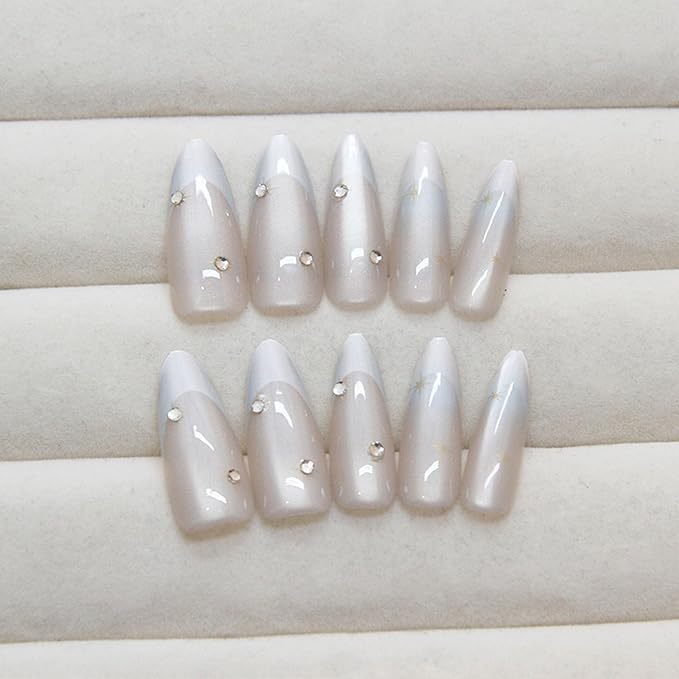 IMRAIN Press on Nails Long Stiletto Fake Nails Blue French Tips False Nails Aurora Laser Glossy Full Cover Artificial Natural Glue Stick on Nails 24Pcs