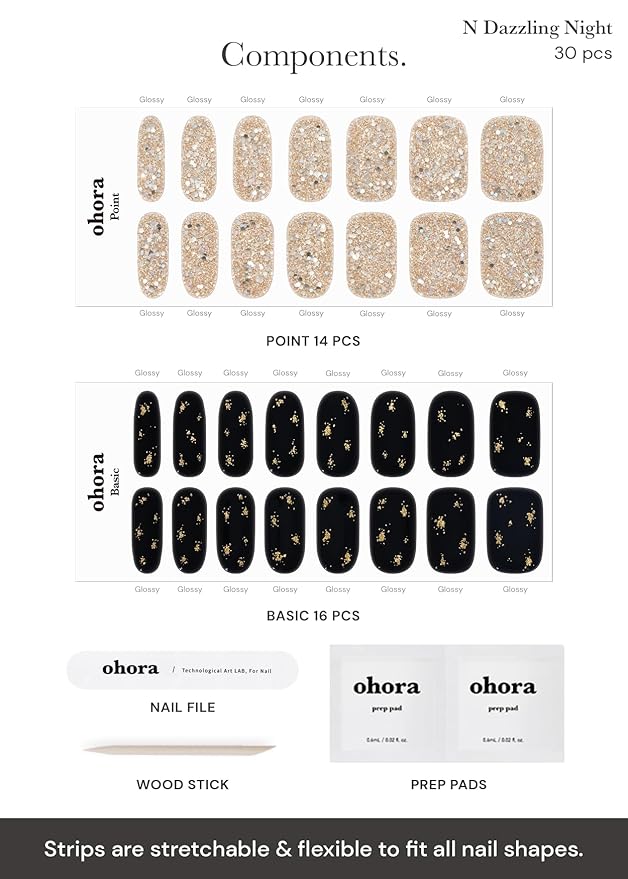 ohora Semi Cured Gel Nail Strips (N Dazzling Night) - Black, Glitter, Works with Any UV/LED Lamps, Salon-Quality, Long Lasting, Easy to Apply & Remove - Includes 2 Prep Pads, Nail File & Wooden Stick
