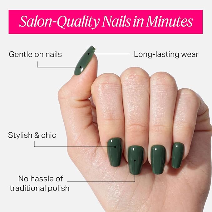 Nailboo Press On Nails, Salon-Quality Reusable Fake Nails for Fast DIY Manicure with Strong Hold Nail Glue for Press Ons, Nail File, & Alcohol Prep Pads, Jade Parade