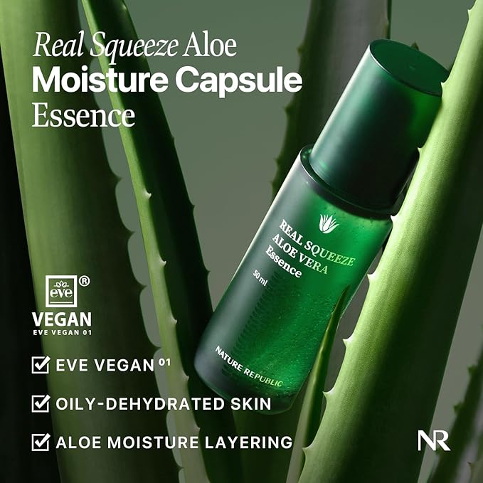Nature Republic Real Squeeze Aloe Vera Essence -Hydrating Moisturizer & Glow for Face Fast-Absorbing, Non-Sticky After Sun & Aftershave Korean beauty Care for all Skin types Vegan 50ml / 1.69 Fl Oz