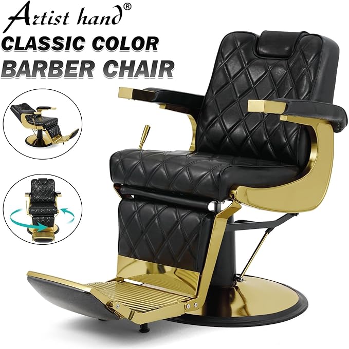 Artist hand All Purpose Barber Chair Wide Backrest Reclining Salon Chair for Hair Stylist Tattoo Chair Makeup Chair for Salon Equipment (Gold)