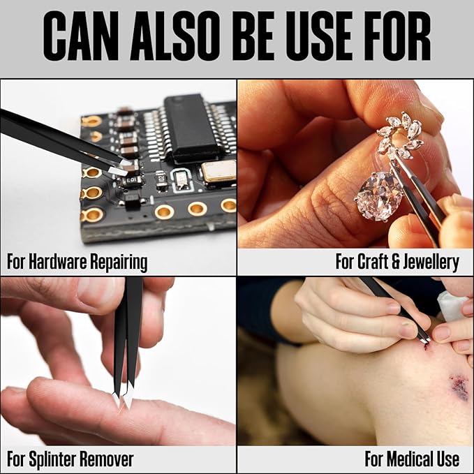 4 Pcs Tweezers for Facial Hair Women & Men for Precise Grooming of Eyebrows - Professional Stainless Steel Black Color Coated Eyebrow Tweezers for Ingrown Hair on Nose Ear