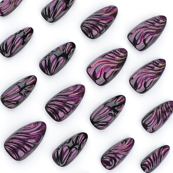 24Pcs Purple Press on Nails Medium Almond Fake Nails with 3D Butterfly Wings Water Drop Designs Stick on Nails Glitter False Nails Full Cover Cool Acrylic Nails Black Purple Glue on Nails for Women