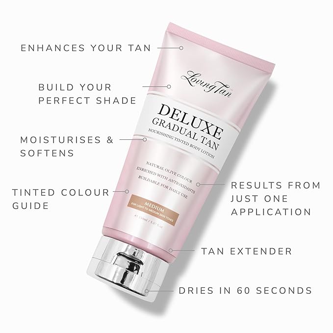 Loving Tan Deluxe Gradual Tan Lotion, Medium- Natural Looking Self Tanner, Professional Strength Sunless Tanner, 7+ Self Tanning Applications per Bottle-Cruelty Free, Naturally Derived DHA-5.07 Fl Oz