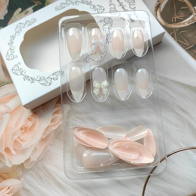 24Pcs French Tip Press on Nails Long Almond Fake Nails Pearls Nails Tip Design Cute False Nails Full Cover Glossy Stick on Nails Bow Charm Acrylic Nails French Artificial Nails for Women Girl Manicure