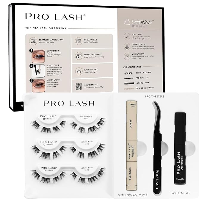 Pro Lash SoftWear Starter Lash Clusters Kit - Seamless, Lightweight Lashes - 7-Day Cluster Eyelash Extensions - 3 Sets of False Eyelashes Plus Adhesive, Remover, Tweezers - Volume Wispy No. 10 Black