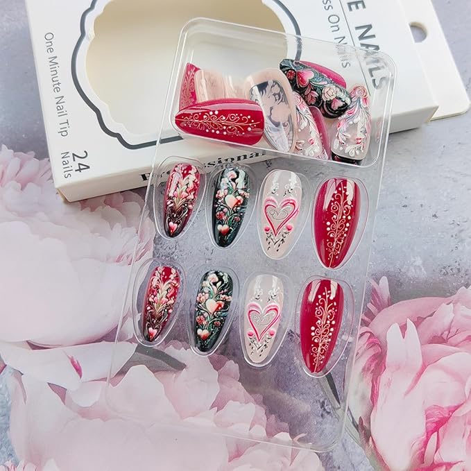 24Pcs Valentine's Day Press on Nails Long Almond Fake Nails Pink Love Heart False Nails Flower Rose Full Cover Glue on Nails Valentines Artificial Stick on Nail Glossy Acrylic Nails for Women Manicure