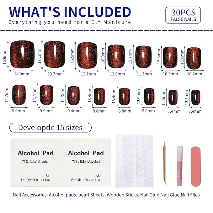 Wine Red Press On Nails Short – Square Cat Eye Fake Nails with Color-Shifting Glow, Reusable Stick On Nails, 15 Sizes, 30 Nail Kit with Glue, Thick Glue On Nails for Women, M5-Crimson Spell