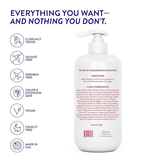 Routine Wellness Anti-Thinning Shampoo for Thinning Hair - Biotin DHT Blocker Women & Men - Color Safe Shampoo for Hair Loss & Healthy Hair - Peony & Pomegranate - 14oz