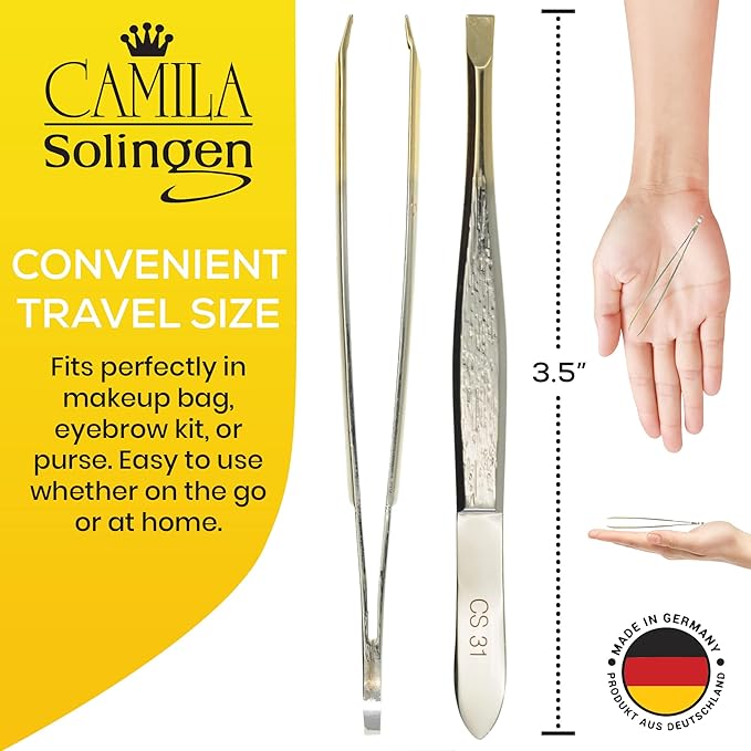 CS31 3 1/2" Gold Tipped, Surgical Grade, German Stainless Steel Tweezers (Straight) - Flawless Facial Hair and Eyebrow Shaping and Removal for Men/Women