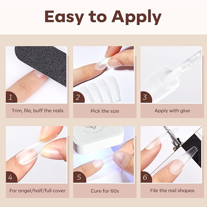 Modelones Long Coffin Nail Tips Fake Nails Gel Tips Full Matte Cover More Friction for Acrylic Professional Extension Gel Manicure Art Design 10 Sizes