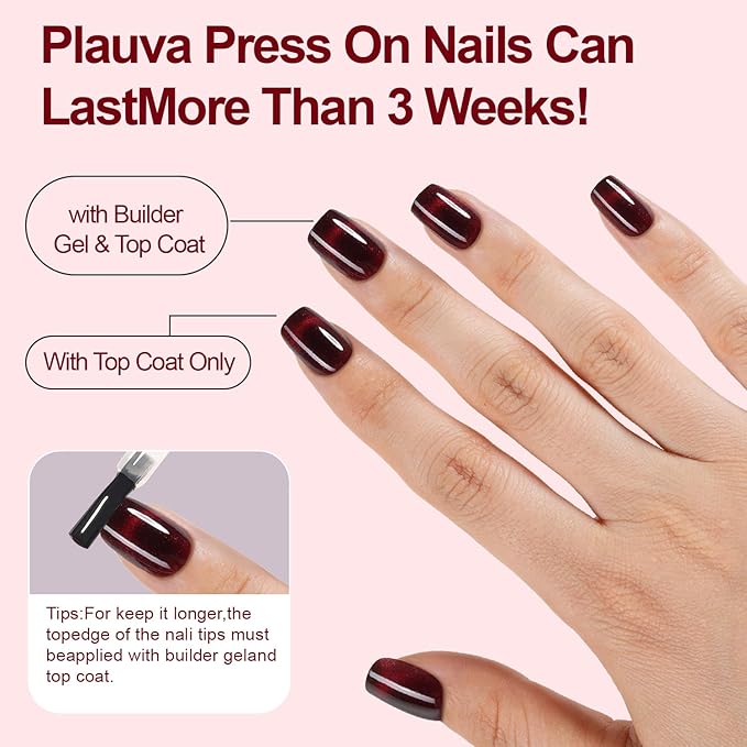 150Pcs Cat Eye French Press on Nails, Plauva Short Square Fake Nails, Glossy Glitter Cat Eye Nail Tips, Soft Gel Stick On Nails for Women and Girls 15 Sizes