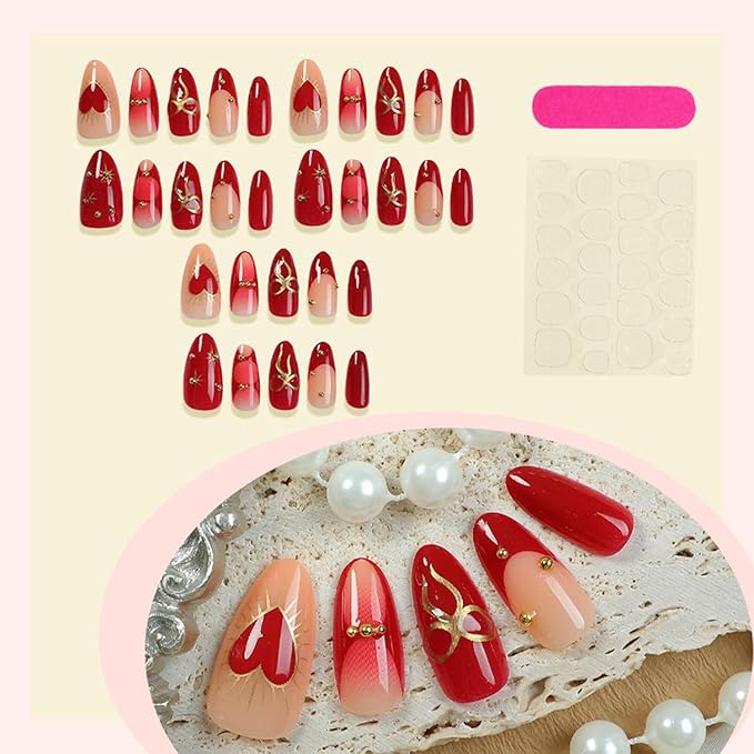 30Pcs Red Press on Nails Medium Almond-Shaped Fake Nails Bow Gold Line Design French Nail Tips Shiny Stars False Nails Cute Stick on Nails Heart Nail Handmade Full Cover Artificial Nail for Women