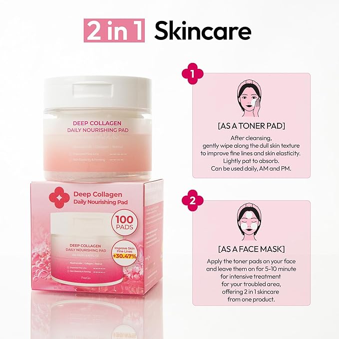 FreeGo Deep Collagen Daily Nourishing Pad (100 Pads), K-Beauty Facial Toner Pads for Dull and Coarse Skin, Instant Bouncy Skin Firming