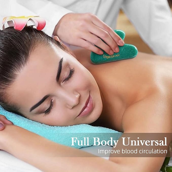 BESKAR Gua Sha Facial Tools, Natural Jade Stone Guasha Massager for Jawline Sculpting, Tighten Face Skin and Reduce Wrinkles, Face Eyes Body Neck Massage Tool, Skin Care Gift