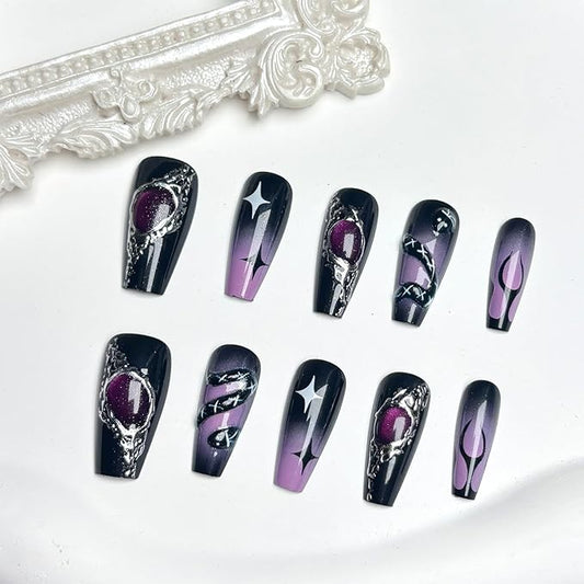 Gothic Press on Nails Medium Coffin Fake Nails Black Purple False Nail Horror Snake Flame Star Designs 3D Gems Silver Metal Acrylic Nails Full Cover Glue on Nails for Women DIY Manicure, 30Pcs