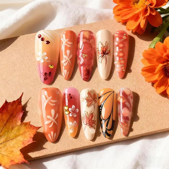30Pcs Fall Press on Nails Medium Almond Fake Nails Autumn Acrylic Nail with Maple Leaves,Dragonfly,Flower＆Butterfly Design Sparkly Rhinestones Thanksgiving False Nail Reusable Glue on Nails for Women