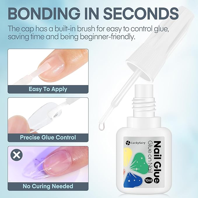 Super Strong Nail Glue 10ML for Press On Nails - No UV Light Needed, Brush On Bond for Acrylic Tips, Long Lasting Professional 0.33oz