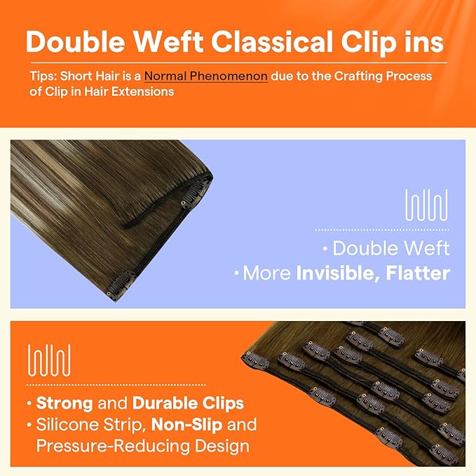 Full Shine Hair Extensions Clip ins Brown Ombre 22 Inch Clip in Human Hair Extensions Dark Brown to Blonde Clip in Extensions Real Human Hair Long Straight Hair 7 Pcs 120 G