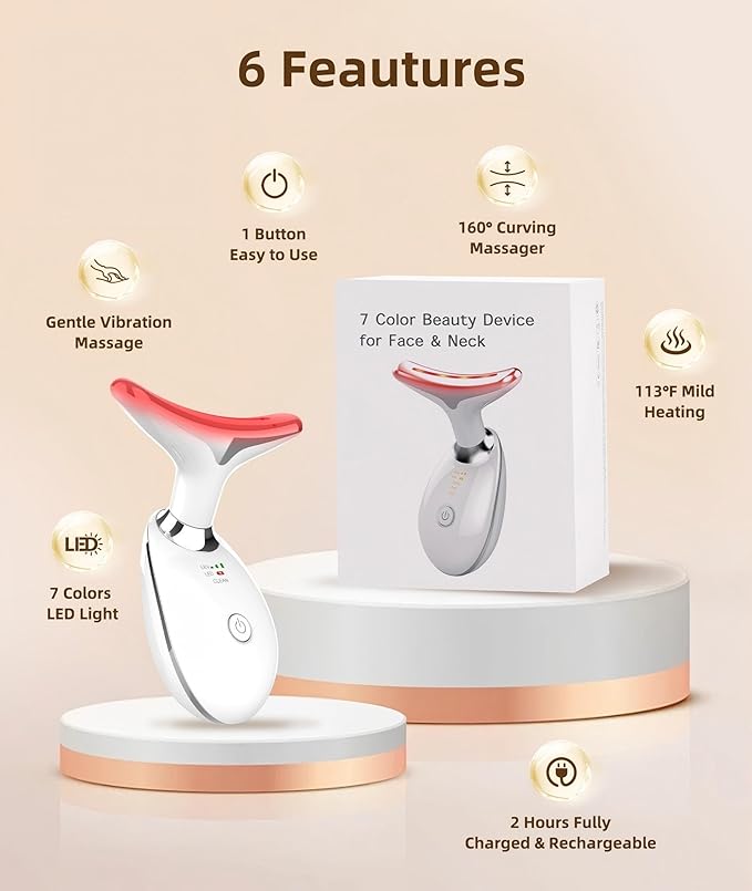 7 Color Face and Neck Massager Light Therapy, Red Light Based Facial Massager for Skin Care, Firming, Smoothing (White)