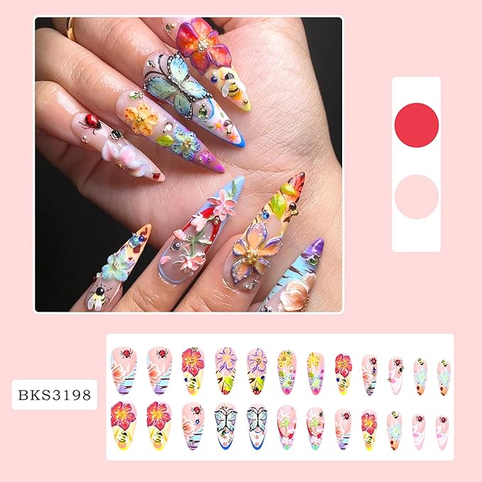 24Pcs Colorful Flowers Press on Nails Almond Medium Fake Nails Charms with 3D Relief Flower Design French Tip Press on Rhinestones Nails Full Cover Artificial Glue on Nails Cute False Nails for Women