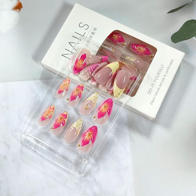 24Pcs Pink Flower Press on Nails Medium Almond Fake Nails 3D Floral Shell Pattern Acrylic Nail Gold Starfish Pearl French Tip Glue on Nails Summer False Nail Tips for Women Manicure Kit